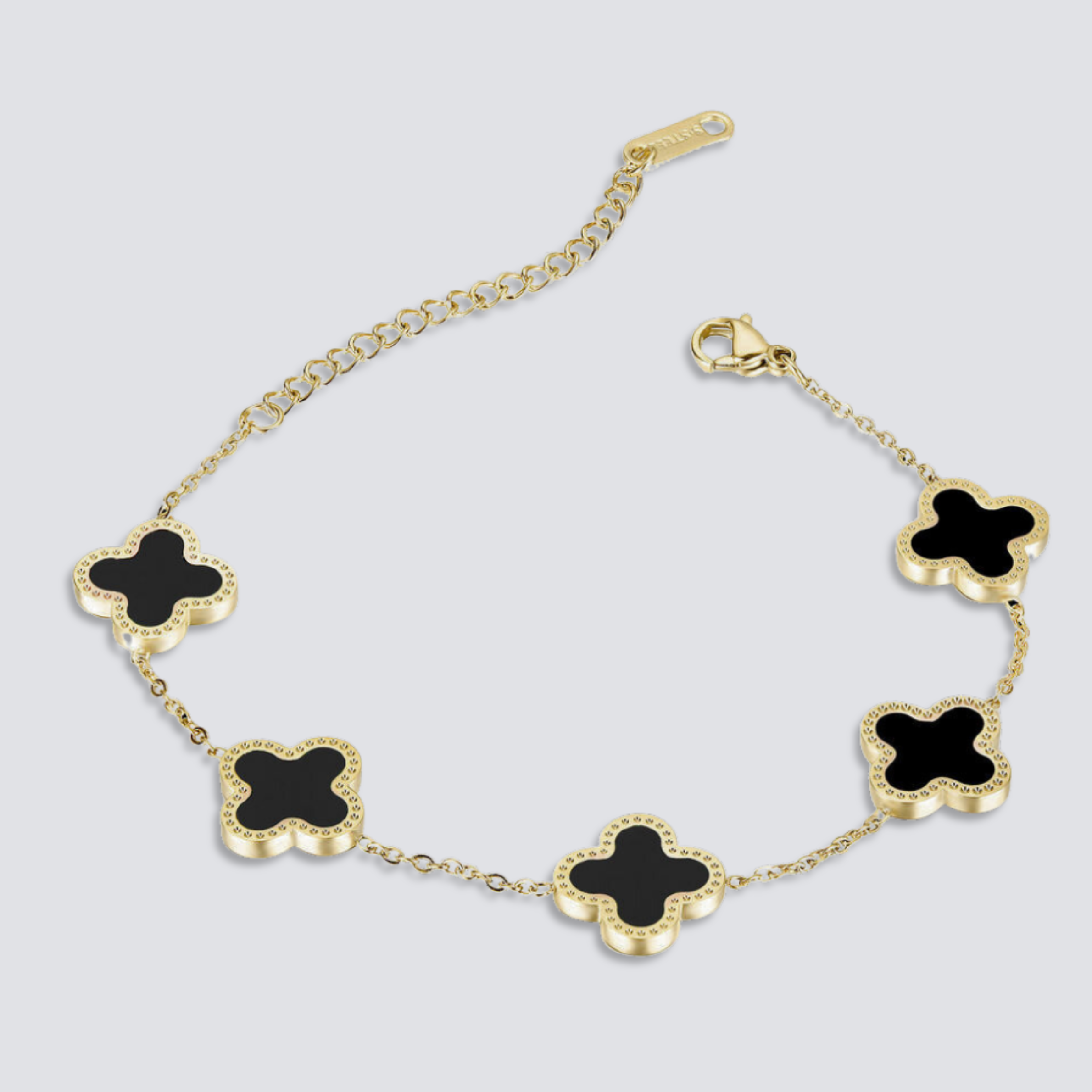Stainless Steel Clover Bracelet Stone: Cubic Zirconia & Black OnyxBand:  Gold